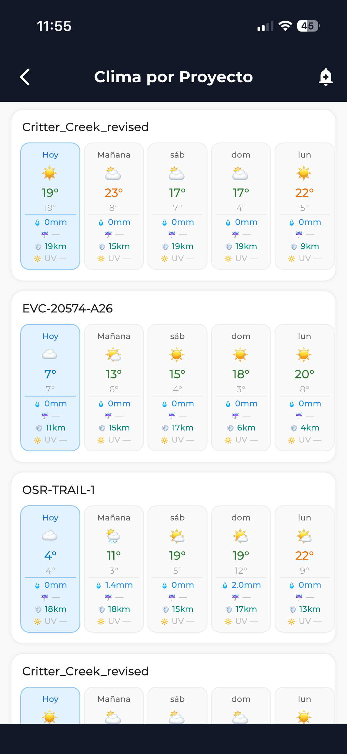 Pantalla Clima por Proyecto con tarjetas de 5 días para cada proyecto en FO Maps
