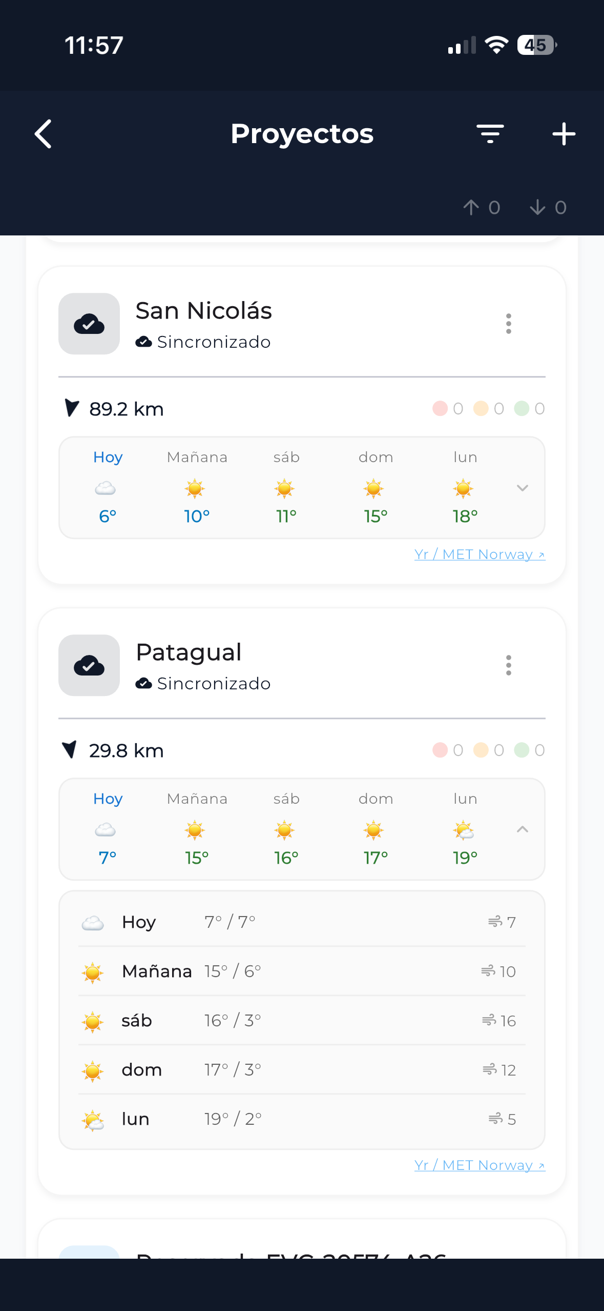 Lista de proyectos con strip de clima de 5 días en FO Maps